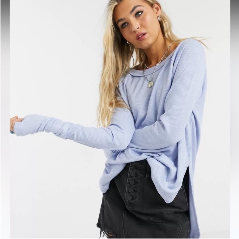 Free People Snowy Thermal Top winter holiday rain Blue thumb holes shirt slit s